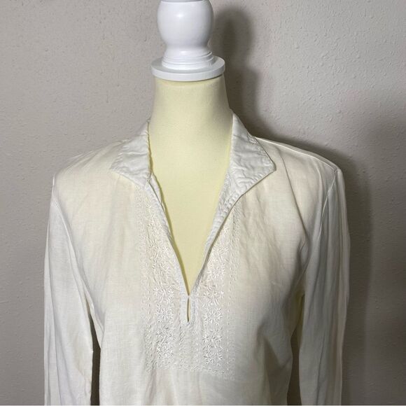 Promod White Linen Embroidered Long Bell Sleeve Top Tunic Women's Size Medium - Picture 4 of 16